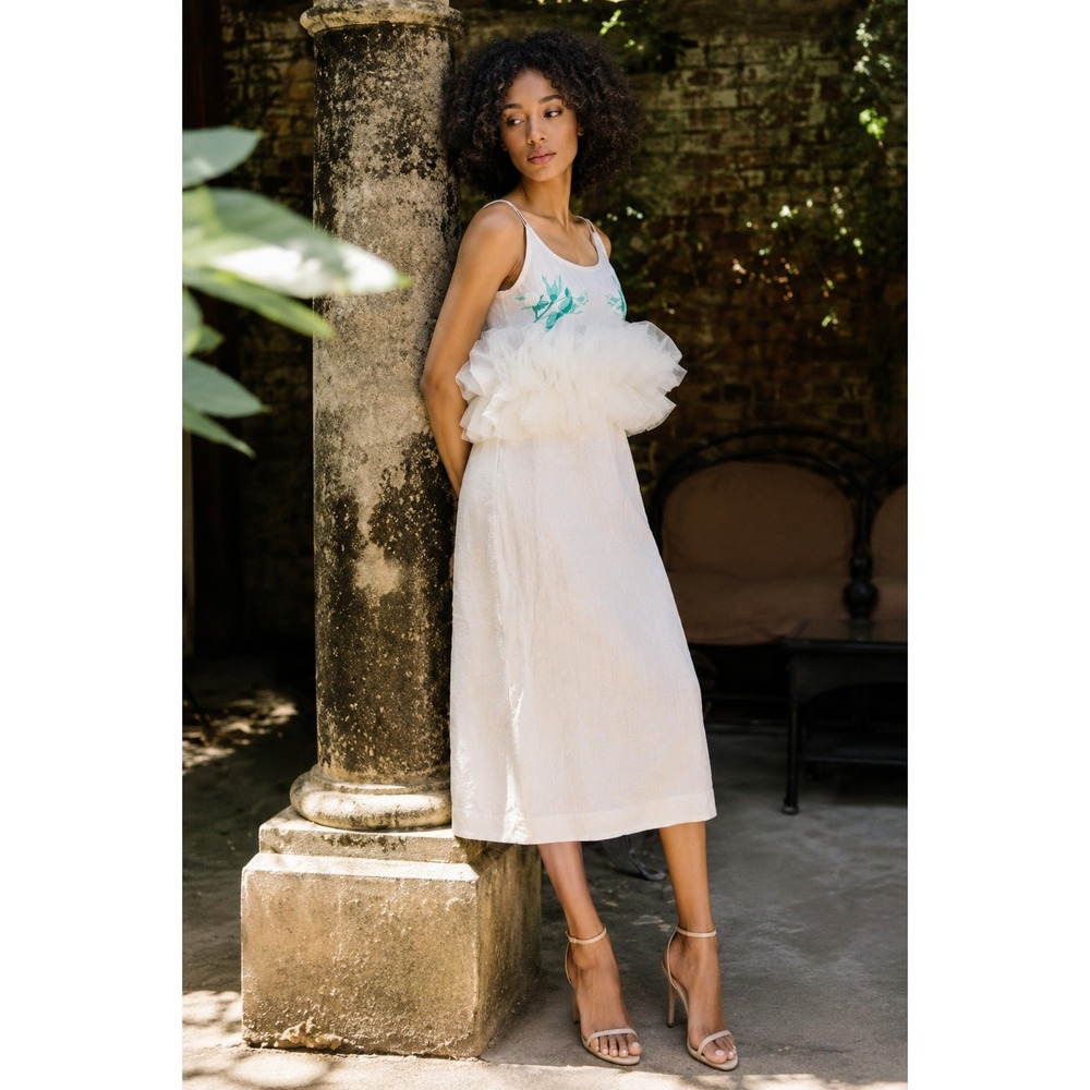 NWT Fanm Mon CITRA Manmzel Ivory Linen Midi Avant Garde Dress (MSRP: $650) XS